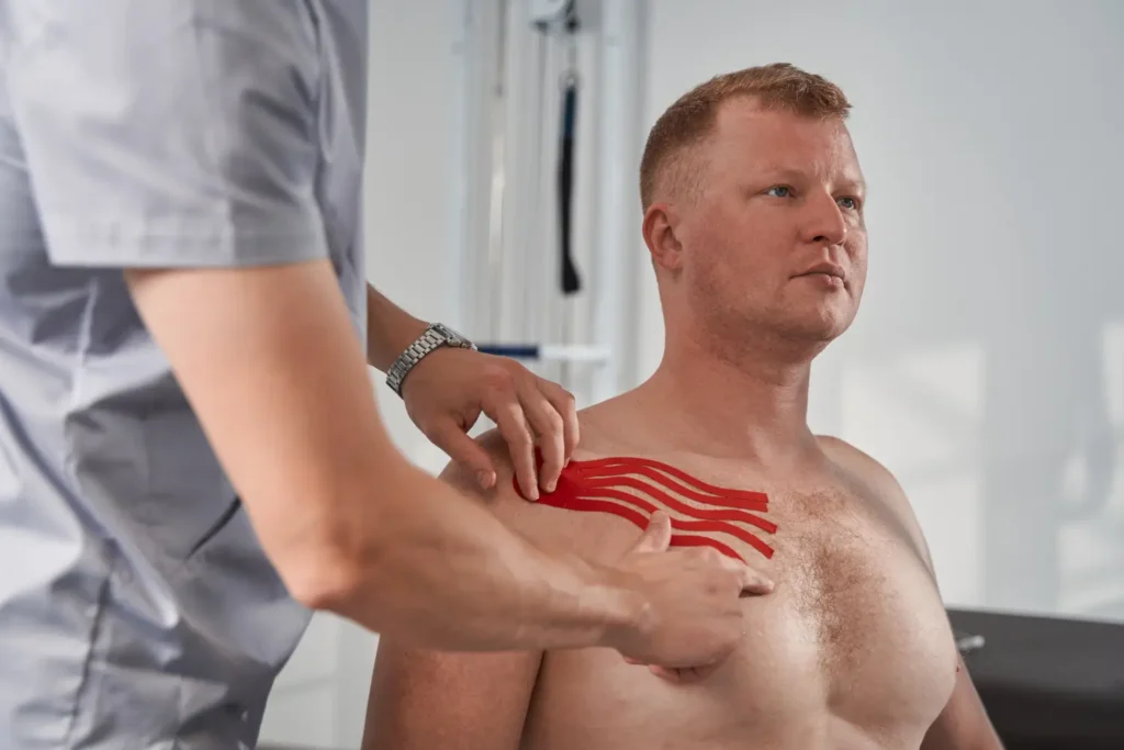 Imagen de un fisioterapeuta evaluando a una paciente postoperatoria de hombro rehabilitación de hombro- clinica post quirúrgica